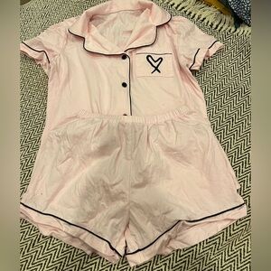 Pink Short Sleeve Pajama Set with Black Trim